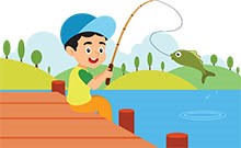 smiling happy child catches a fish smiling happy child catches a fish in lake clipart